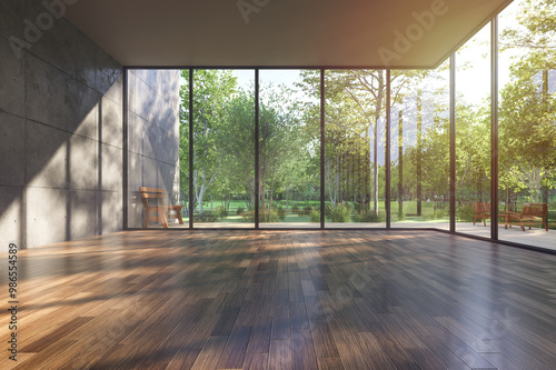 Fototapeta Naklejka Na Ścianę i Meble -  Modern contemporary loft style empty room with forest view 3d render the room has concrete wall, plank floor large window overlooking nature view sunlight enter the room.