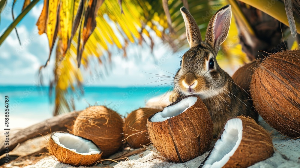 A rabbit relaxes on a tropical beach, surrounded by coconut shells, savoring the warmth of the sun and the gentle ocean breeze A rabbit relaxes on a tropical beach, surrounded by coconut shells, savoring the warmth of the sun and the gentle ocean breeze