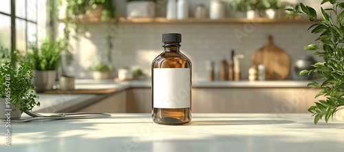 Amber Glass Bottle with White Label on Kitchen Countertop