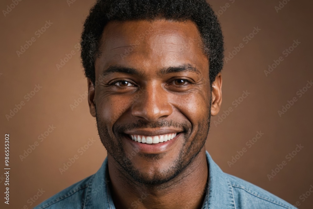 Obraz premium Full framed very close face portrait of a smiling 40s african american man with brown eyes looking at the camera, studio shot,brown background.