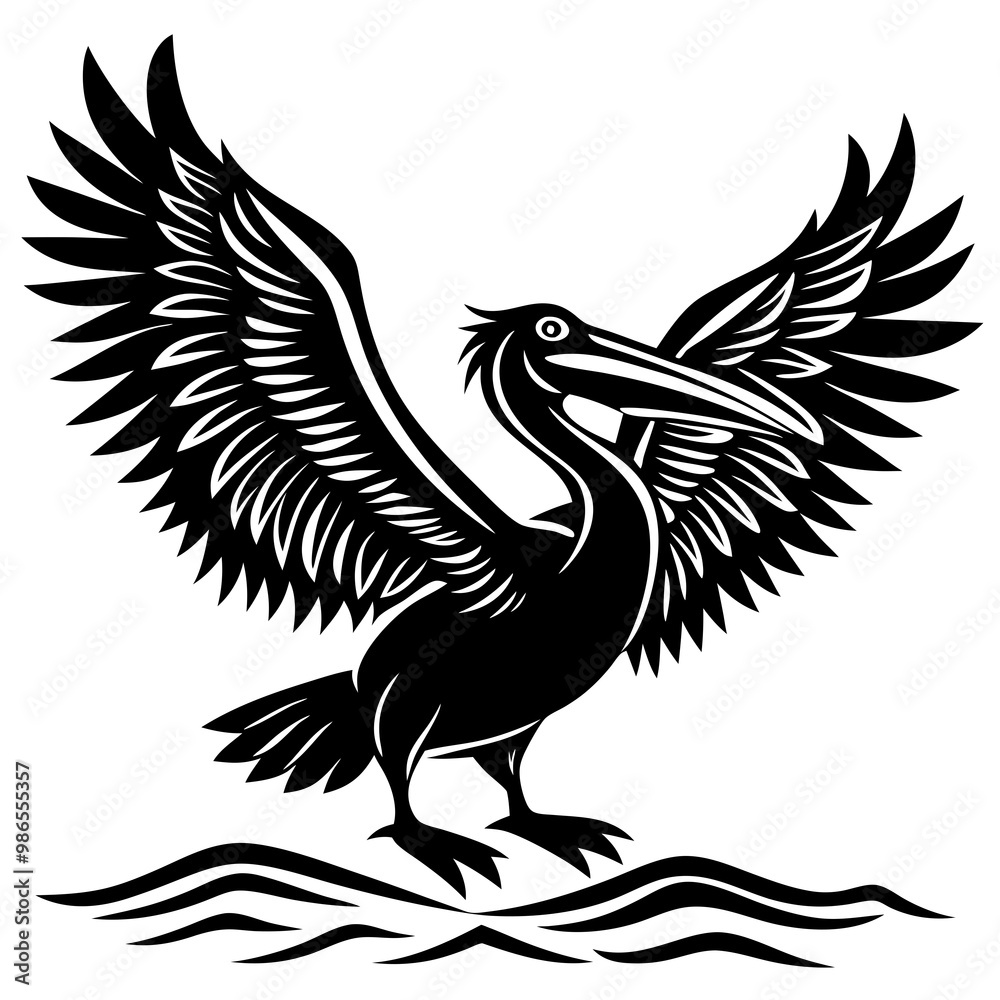 Obraz premium Pelican Silhouette Wings Spread for a Water Landing