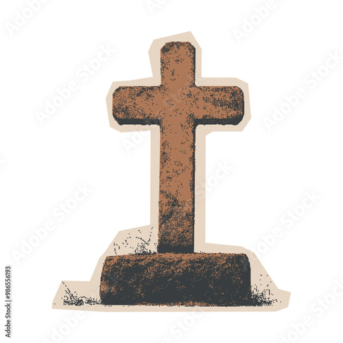 Halloween halftone cross. Contemporary collage element in a gothic grunge style. Monochrome photocopy dotted graphic for vintage poster, t-shirt.