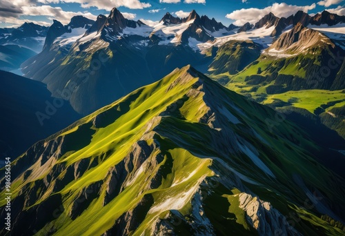 stunning aerial view majestic mountain ranges lush green valleys under clear blue sky, landscape, nature, scenery, outdoor, travel, adventure, peak, summit photo