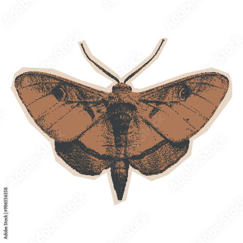 Mystical halftone monochrome moth in gothic scrapbooking collage style. Retro cutout illustration for poster, t-shirt prints with photocopy texture.