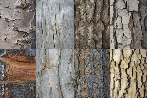 Textures of nature showcasing various types of tree bark and earth surfaces in an indoor setting, highlighting an assortment of patterns and colors photo