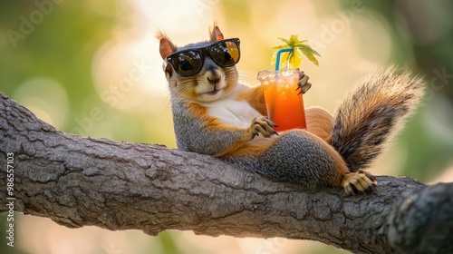 A relaxed squirrel sits comfortably on a tree branch, wearing stylish sunglasses and enjoying a vibrant drink, highlighting a perfect sunny day in the park