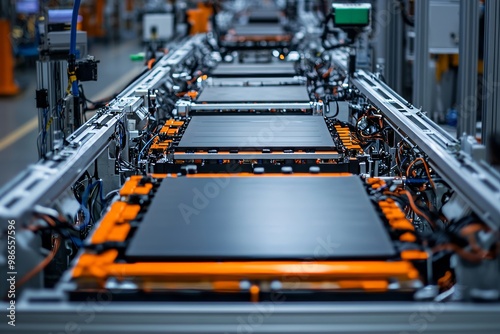 Close up of the mass production assembly line for electric vehicle battery cells