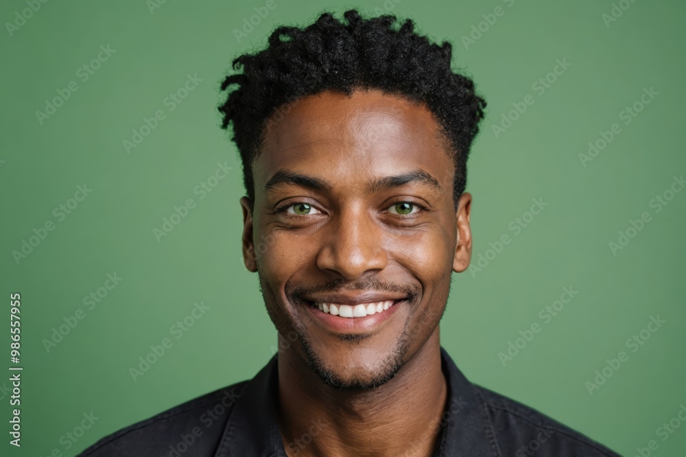 Full framed very close face portrait of a smiling 40s black non binary with green eyes looking at the camera, studio shot,green background. Full framed very close face portrait of a smiling 40s black non binary with green eyes looking at the camera, studio shot,green background.