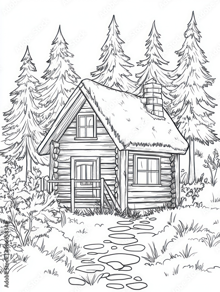 Rustic Log Cabin in Woods Line Art Illustration Rustic Log Cabin in Woods Line Art Illustration