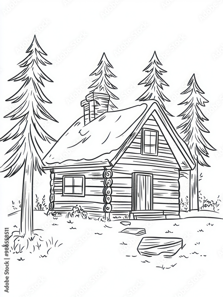 Rustic Log Cabin in Woods Line Art Illustration Rustic Log Cabin in Woods Line Art Illustration