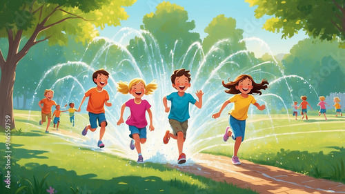children running through a sprinkler on a hot summer day. bright sunlight, green grass, and the children’s laughter as they playfully splash through the water.