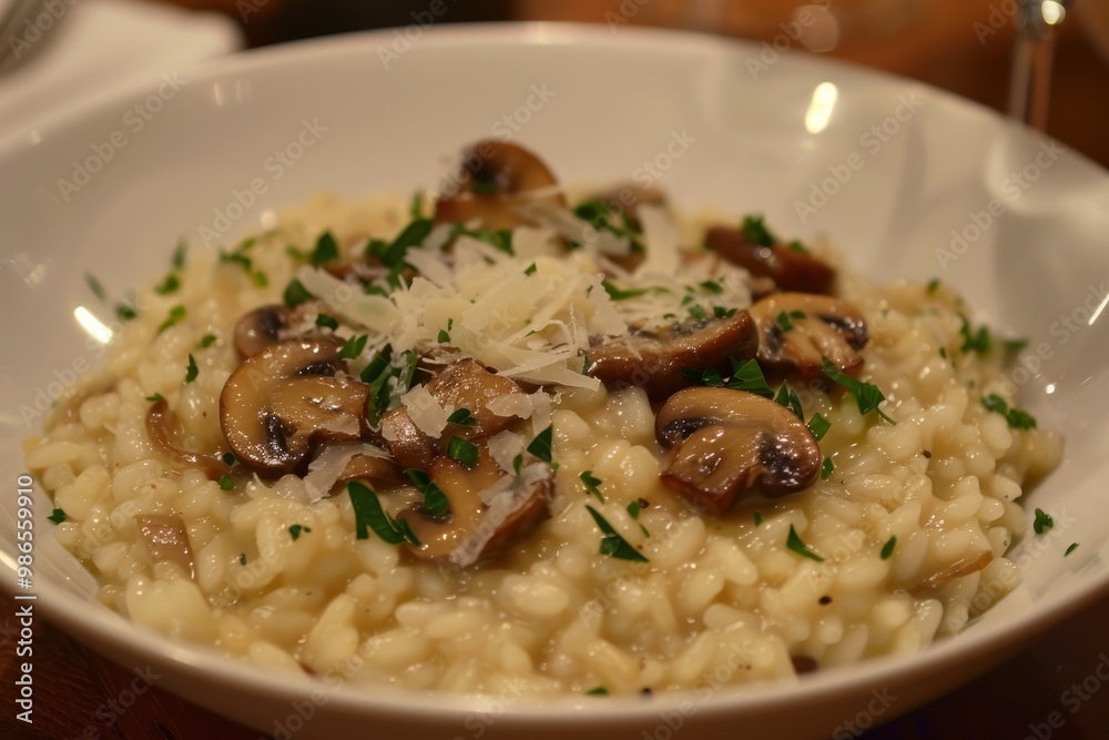 Creamy mushroom risotto served in a white bowl with herbs and freshly grated cheese, enjoyed at an upscale restaurant during dinner hours with a cozy ambiance Creamy mushroom risotto served in a white bowl with herbs and freshly grated cheese, enjoyed at an upscale restaurant during dinner hours with a cozy ambiance