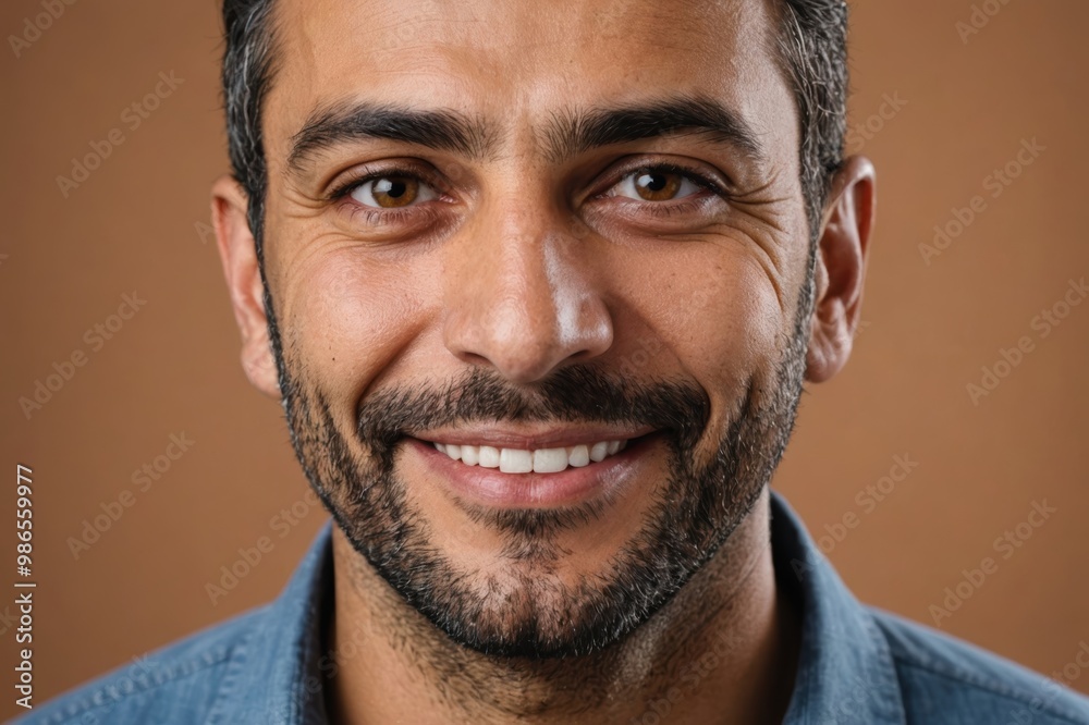Full framed very close face portrait of a smiling 40s arabic man with hazel eyes looking at the camera, studio shot,hazel background.