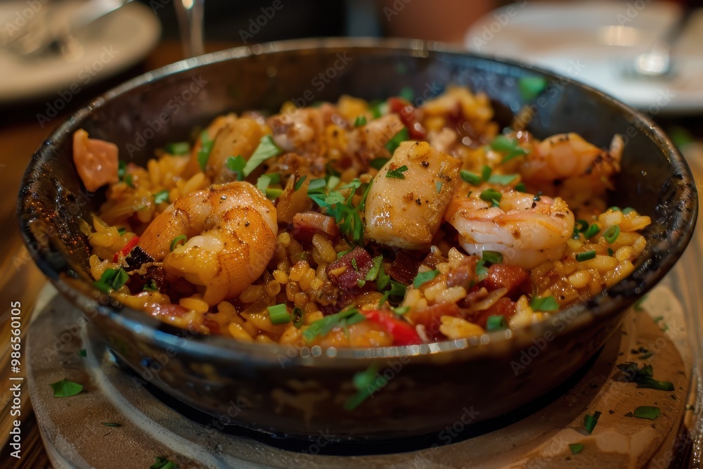 A vibrant dish of seafood paella served in a iron skillet, garnished with fresh herbs and colorful vegetables, enjoyed at a cozy restaurant setting during dinner time A vibrant dish of seafood paella served in a iron skillet, garnished with fresh herbs and colorful vegetables, enjoyed at a cozy restaurant setting during dinner time