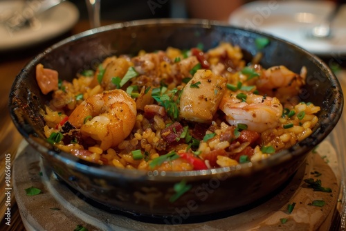 A vibrant dish of seafood paella served in a iron skillet, garnished with fresh herbs and colorful vegetables, enjoyed at a cozy restaurant setting during dinner time