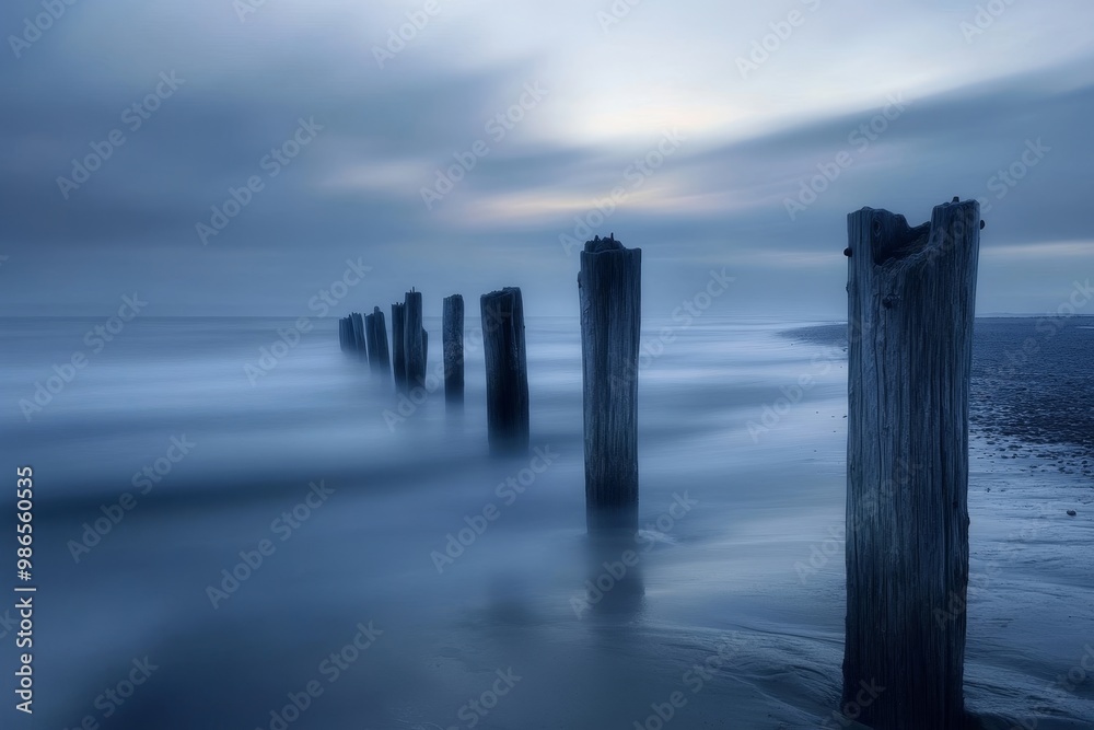 Twilight landscape featuring ethereal sculptures of wood posts captured in long exposure photography Twilight landscape featuring ethereal sculptures of wood posts captured in long exposure photography