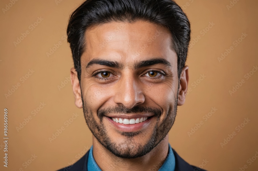 Full framed very close face portrait of a smiling 40s arabic non binary with hazel eyes looking at the camera, studio shot,hazel background. Full framed very close face portrait of a smiling 40s arabic non binary with hazel eyes looking at the camera, studio shot,hazel background.