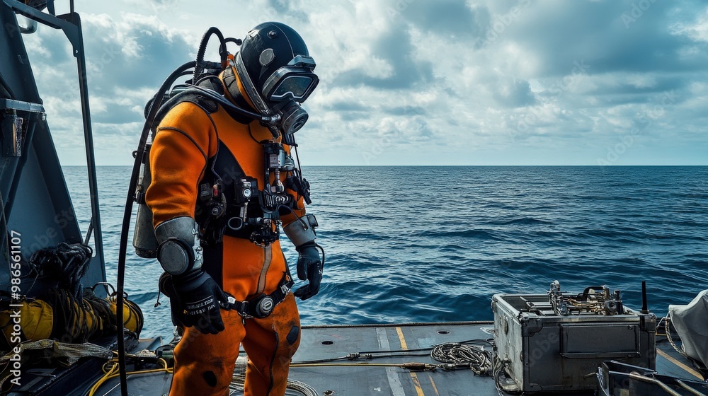 The diver stands on a platform, gearing up for a descent into the ocean's depths. With an array of equipment, the individual prepares for an underwater adventure The diver stands on a platform, gearing up for a descent into the ocean's depths. With an array of equipment, the individual prepares for an underwater adventure