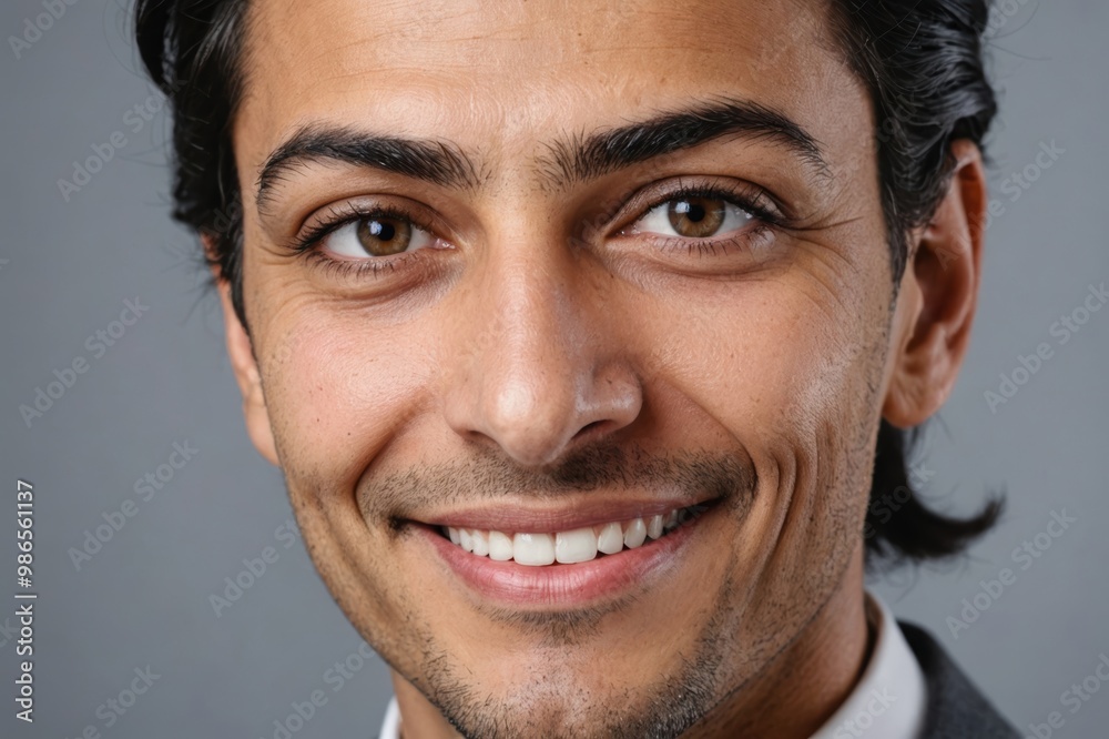 Fototapeta premium Full framed very close face portrait of a smiling 40s arabic non binary with gray eyes looking at the camera, studio shot,gray background.
