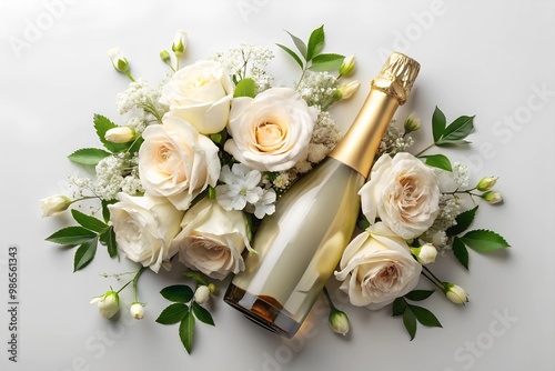  Mockup of a champagne bottle surrounded by white roses and greenery. Ideal for wedding, anniversary, or celebration-themed designs and product presentations.