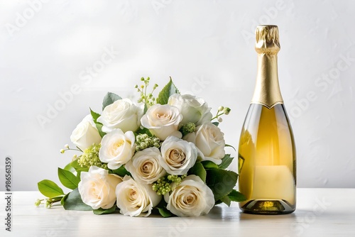  Mockup of a champagne bottle with a bouquet of white roses, perfect for wedding or celebration-themed presentations. Suitable for showcasing product designs or festive branding.