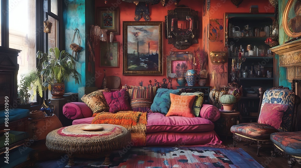 A Bohemian Living Room with Colorful Furnishings and Artwork A Bohemian Living Room with Colorful Furnishings and Artwork