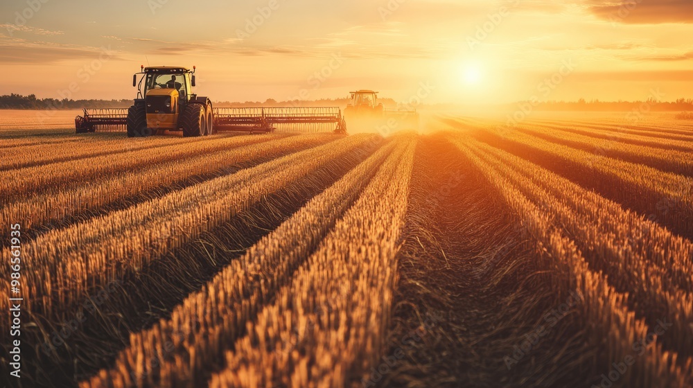 Farmers are actively harvesting crops in a large field as the sun sets, with tractors moving through rows of golden crops under a colorful sky Farmers are actively harvesting crops in a large field as the sun sets, with tractors moving through rows of golden crops under a colorful sky
