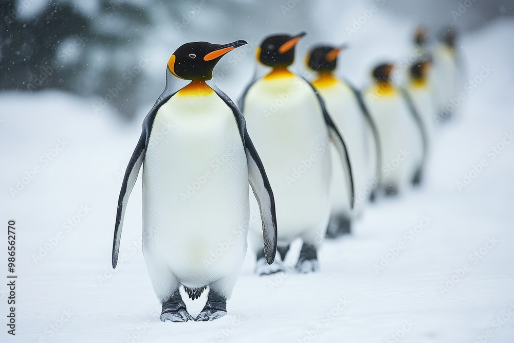 Naklejka premium King penguins marching across snowy landscape during winter a must see tourist attraction