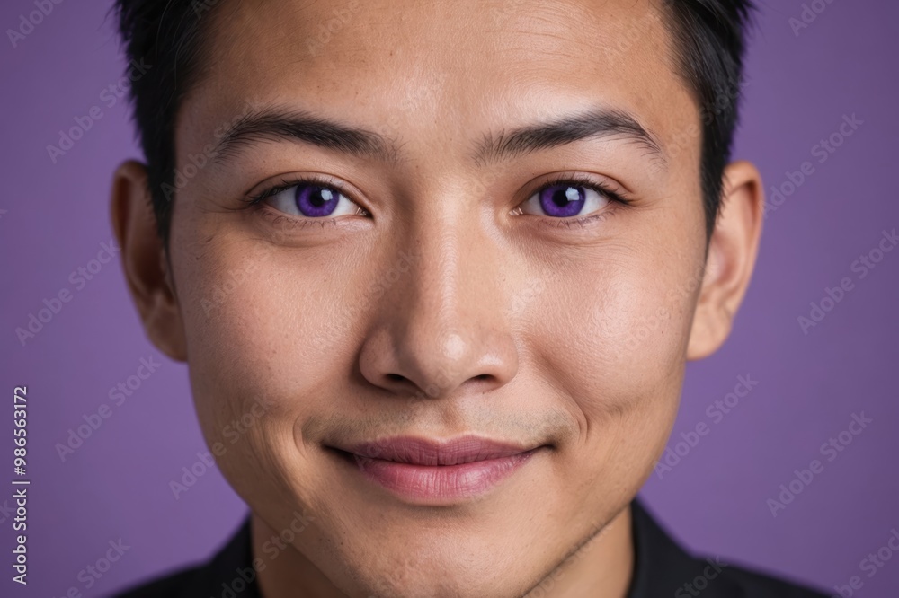 Full framed very close face portrait of a smiling 40s asian non binary with violet eyes looking at the camera, studio shot,violet background. Full framed very close face portrait of a smiling 40s asian non binary with violet eyes looking at the camera, studio shot,violet background.