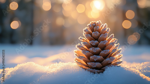 A close-up of a frosted pine cone resting gently on fresh snow, illuminated by the soft glow of golden sunlight. The bokeh effect, magic to the wintry scene, the beauty of nature in winter. 