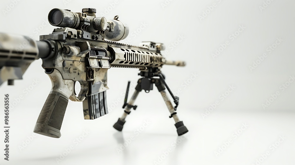 An Army rifle with a collapsible stock and bipod, captured in detail, isolated on white. An Army rifle with a collapsible stock and bipod, captured in detail, isolated on white.