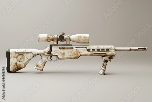 Modern Sniper Rifle with Scope and Bipod, Camouflage Design photo