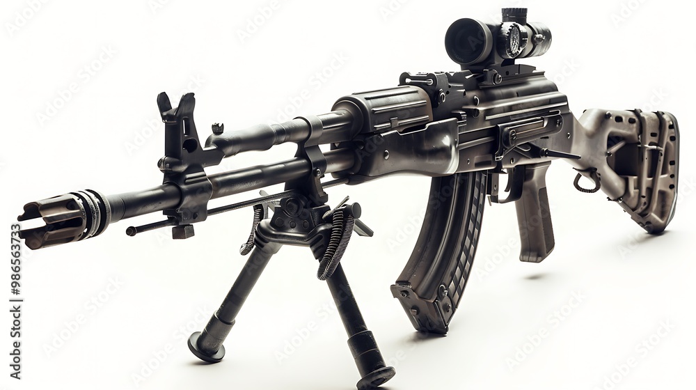 An Army rifle with a collapsible stock and bipod, captured in detail, isolated on white. An Army rifle with a collapsible stock and bipod, captured in detail, isolated on white.