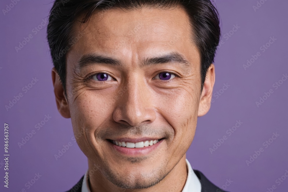 Obraz premium Full framed very close face portrait of a smiling 40s japanese man with violet eyes looking at the camera, studio shot,violet background.