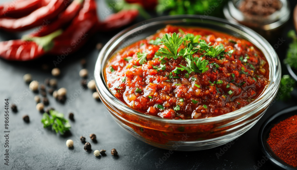 Fresh Chimichurri Sauce with Herbs and Spices in Glass Bowl. Fresh Chimichurri Sauce with Herbs and Spices in Glass Bowl.
