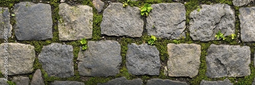 Rough stone pavement texture with worn surfaces and moss growing between