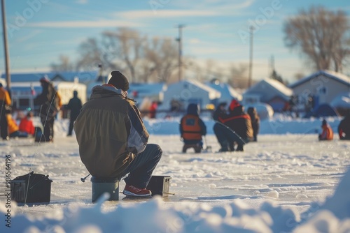 Men ice fishing on a sunny winter day at a frozen lake, surrounded by other anglers and snow-covered homes in the background photo