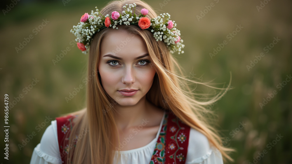 A portrait of a woman in wreath of wildflowers A portrait of a woman in wreath of wildflowers