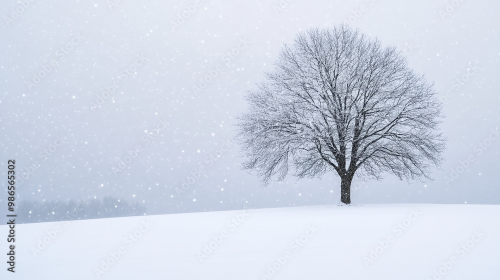 Bare tree in snowy field during gentle winter snowfall Bare tree in snowy field during gentle winter snowfall