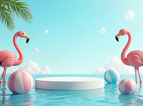 Product stand, pink flamingos and bubles photo