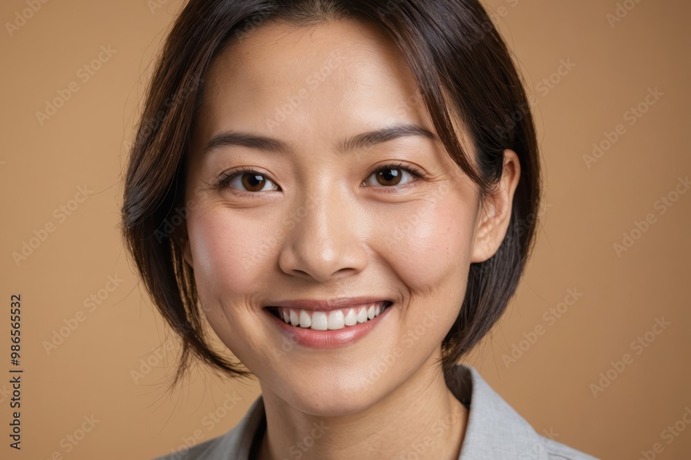 Fototapeta premium Full framed very close face portrait of a smiling 40s chinese woman with hazel eyes looking at the camera, studio shot,hazel background.