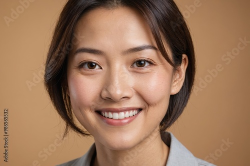 Full framed very close face portrait of a smiling 40s chinese woman with hazel eyes looking at the camera, studio shot,hazel background.