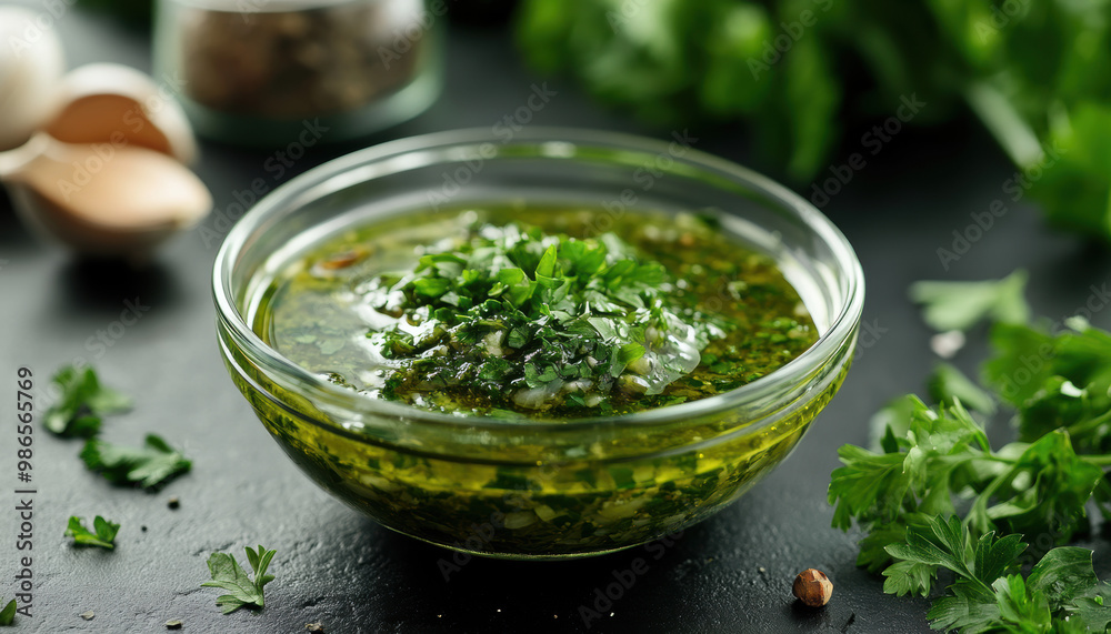 Fresh Chimichurri Sauce with Herbs and Spices in Glass Bowl.
