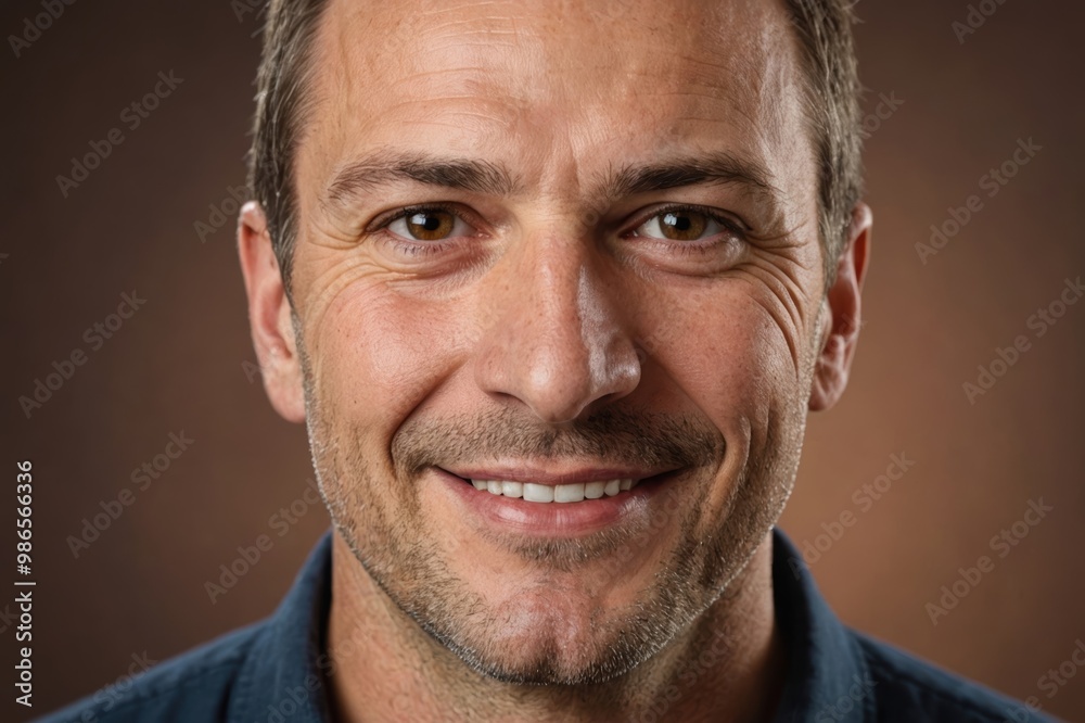 Full framed very close face portrait of a smiling 40s caucasian man with brown eyes looking at the camera, studio shot,brown background. Full framed very close face portrait of a smiling 40s caucasian man with brown eyes looking at the camera, studio shot,brown background.