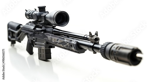 An Army rifle with a side-mounted scope and laser, isolated on a pristine white background.