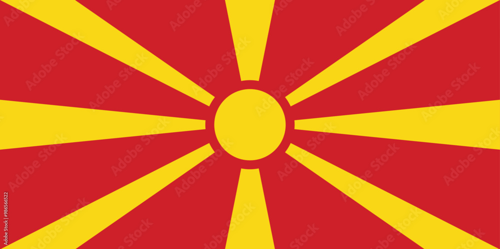 National Flag Republic of North Macedonia, stylised yellow sun on a red field, with eight broadening rays extending from the centre to the edge of the field National Flag Republic of North Macedonia, stylised yellow sun on a red field, with eight broadening rays extending from the centre to the edge of the field