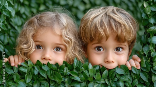 Wallpaper Mural Two children peeking out from behind a bush with their eyes closed, AI Torontodigital.ca