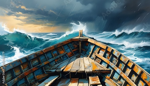 Dramatic ocean scene featuring a weathered fishing boat against stormy skies, showcasing vivid brush strokes and the power of nature in an oil painting style photo