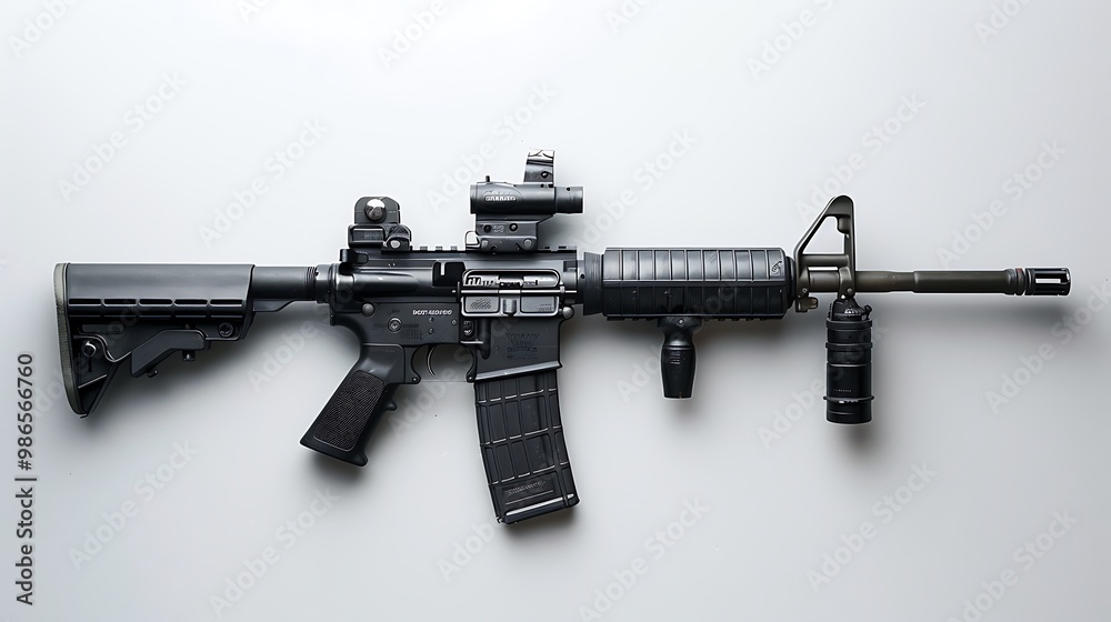 An Army rifle with a silencer attached, placed horizontally on a white background, captured in high resolution. An Army rifle with a silencer attached, placed horizontally on a white background, captured in high resolution.