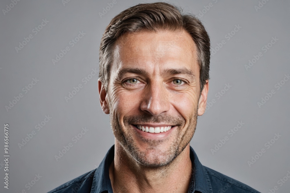 Obraz premium Full framed very close face portrait of a smiling 40s caucasian man with gray eyes looking at the camera, studio shot,gray background.